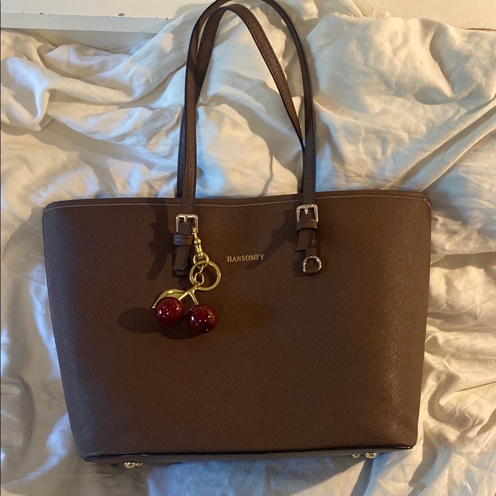 Brown Tote Bag with mini bag inside and 2 bag charms.